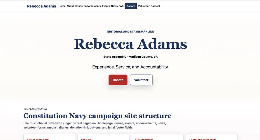 Constitution Navy campaign website template preview
