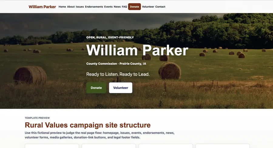 Rural Values campaign website template preview
