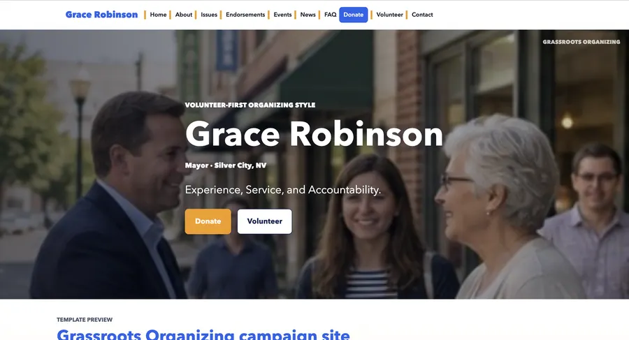 Grassroots Organizing campaign website template preview