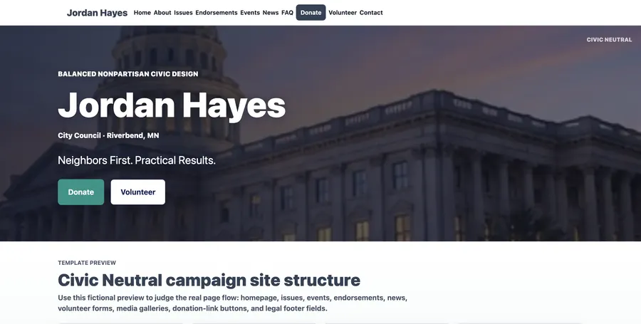 Civic Neutral campaign website template preview