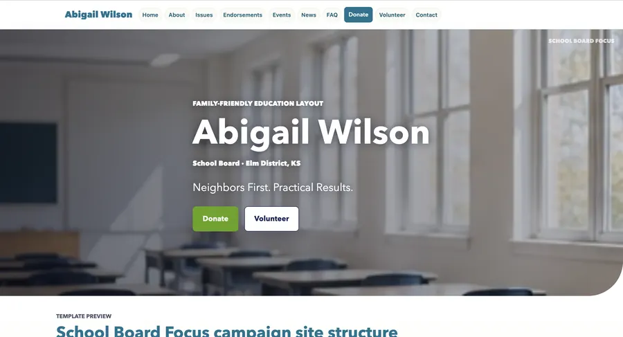 School Board Focus campaign website template preview