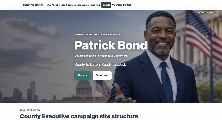 County Executive campaign website template preview