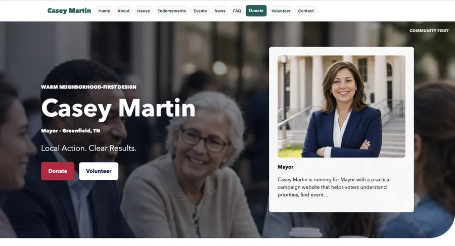 Community First PoliticalWin campaign website template screenshot