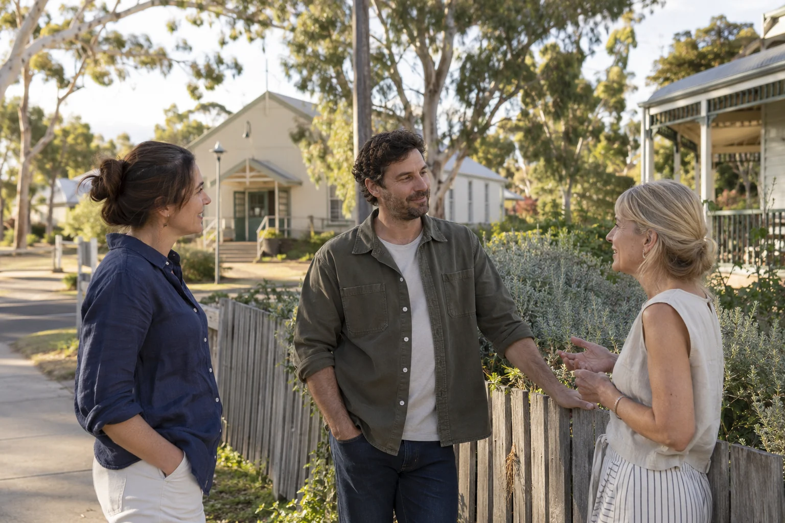 Three neighbours talking beside a timber fence in an Australian neighbourhood with eucalyptus trees.