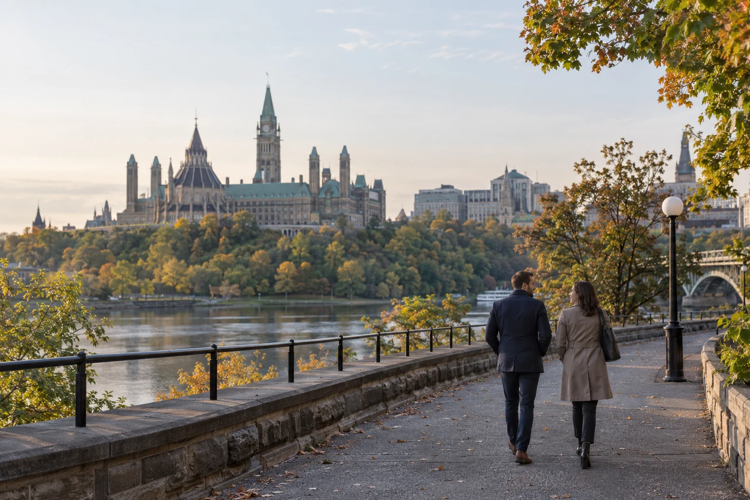 Two colleagues walking beside the river with Ottawa’s Parliament Hill in the distance.