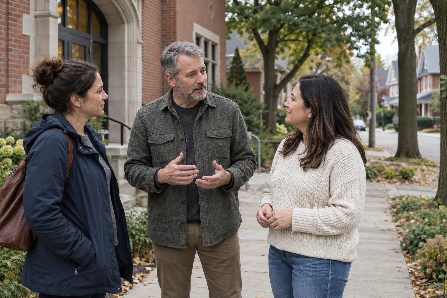 Three neighbours talking outside a red-brick community building on a tree-lined Canadian street.