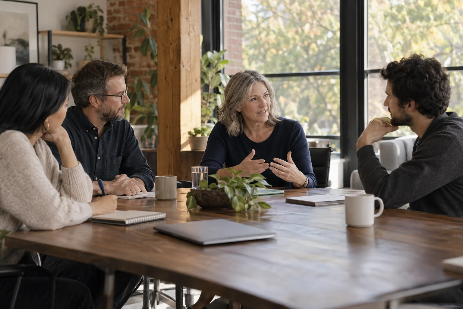 Four colleagues discussing campaign plans around a wooden table in a light-filled neighbourhood office.