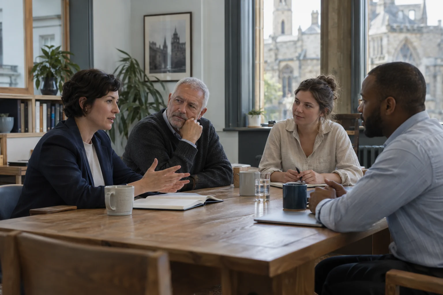 Four colleagues sharing ideas around a table in a British community meeting room.