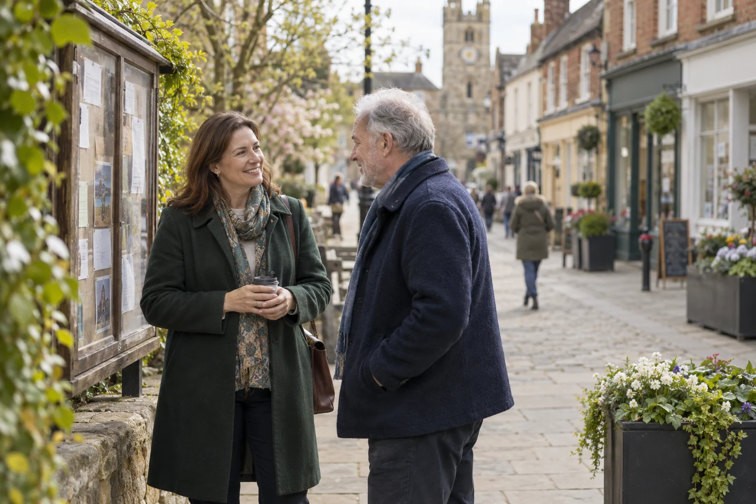 Two neighbours talking beside a community noticeboard on a British high street.