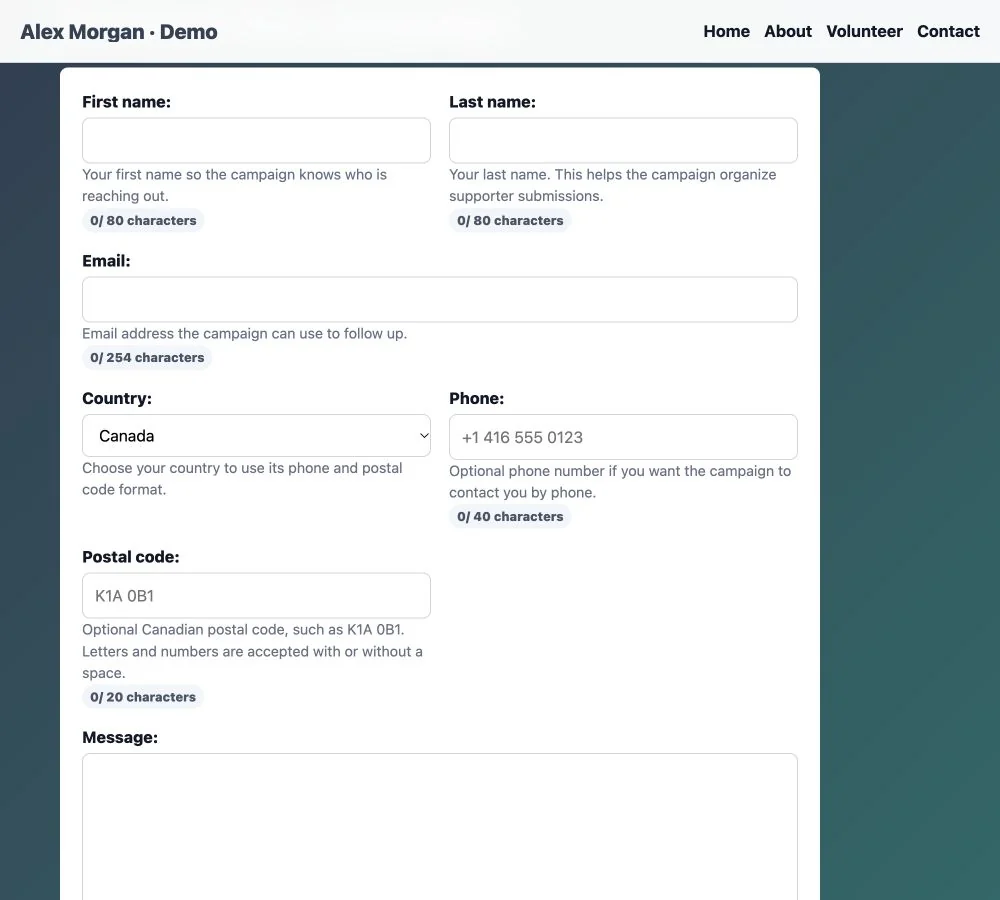 PoliticalWin contact form with Canada selected and an optional postal-code field, using fictional demonstration content.