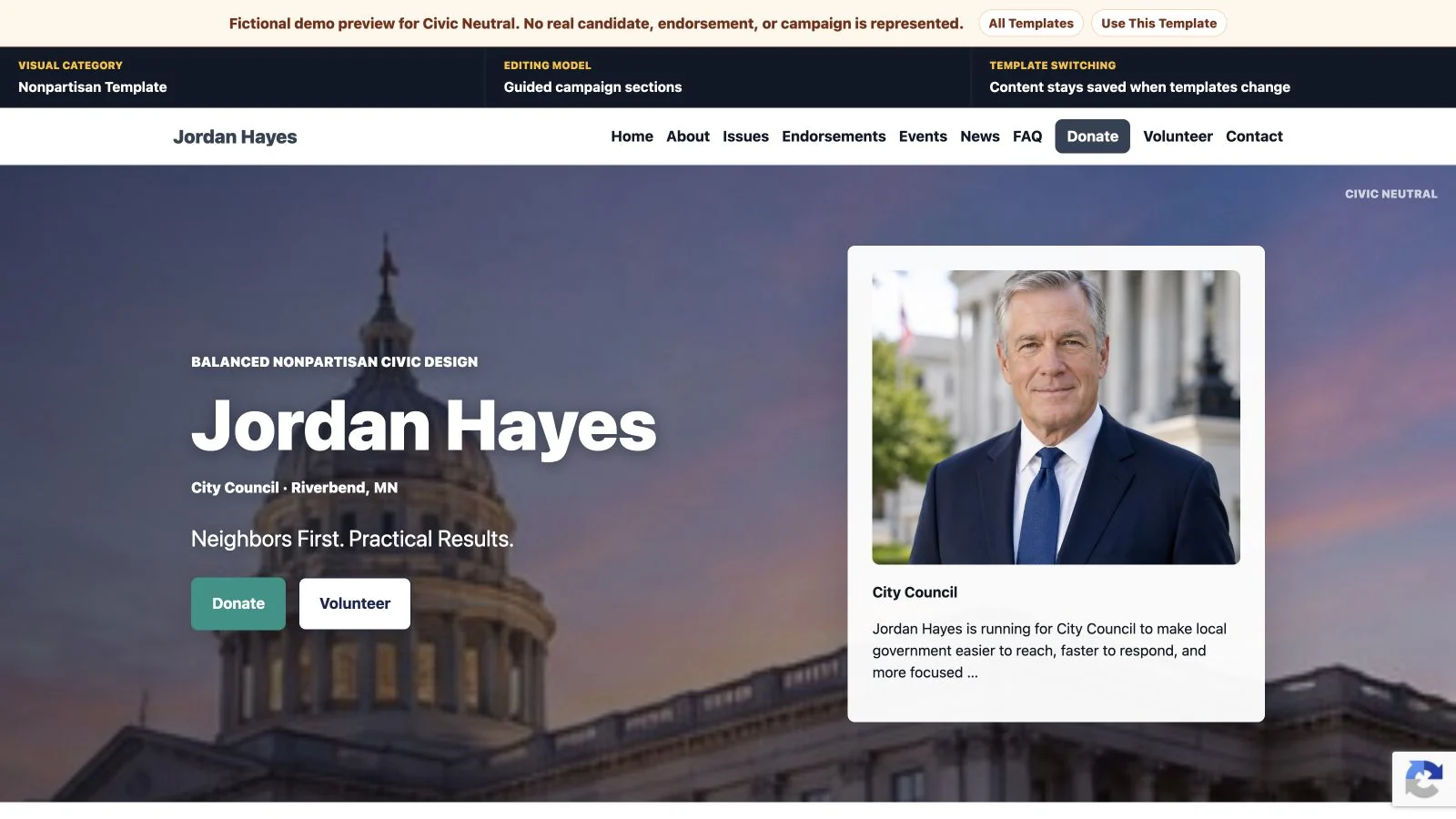 PoliticalWin campaign website preview displaying fictional demonstration content.