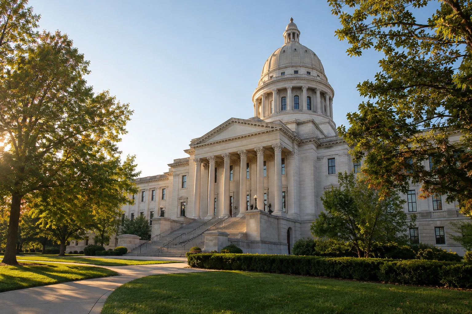 The grounds of a fictional limestone capitol-style building in an editorial architectural scene.
