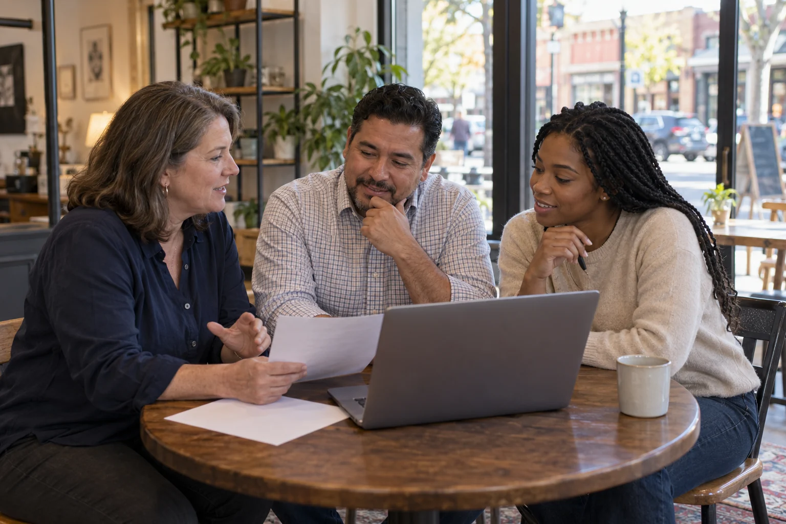 Three communications colleagues prepare website material in a neighbourhood storefront workspace.