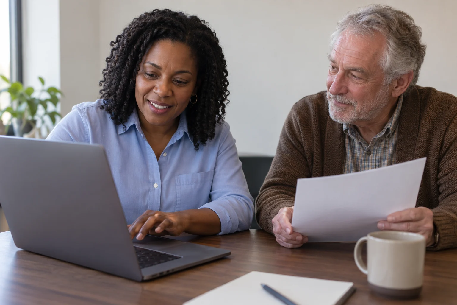 Two colleagues review website material in a modest neighbourhood office.