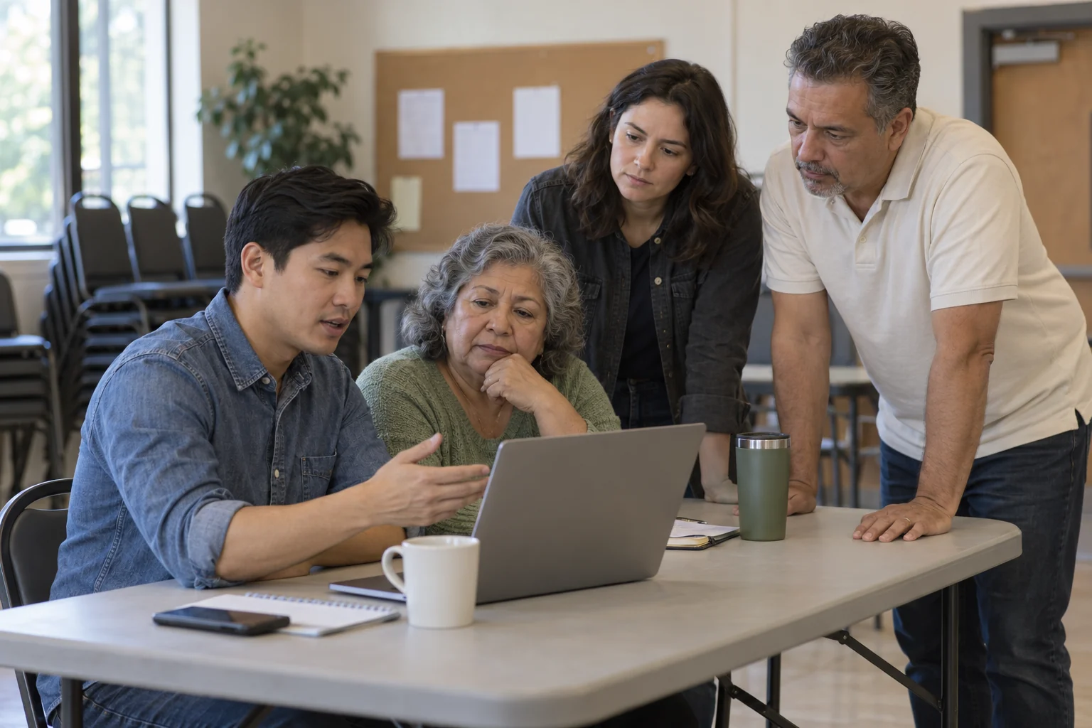Four adults coordinate website information in a community meeting room.