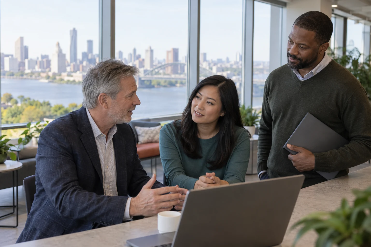Three website editors discuss publishing updates in a river-city office.
