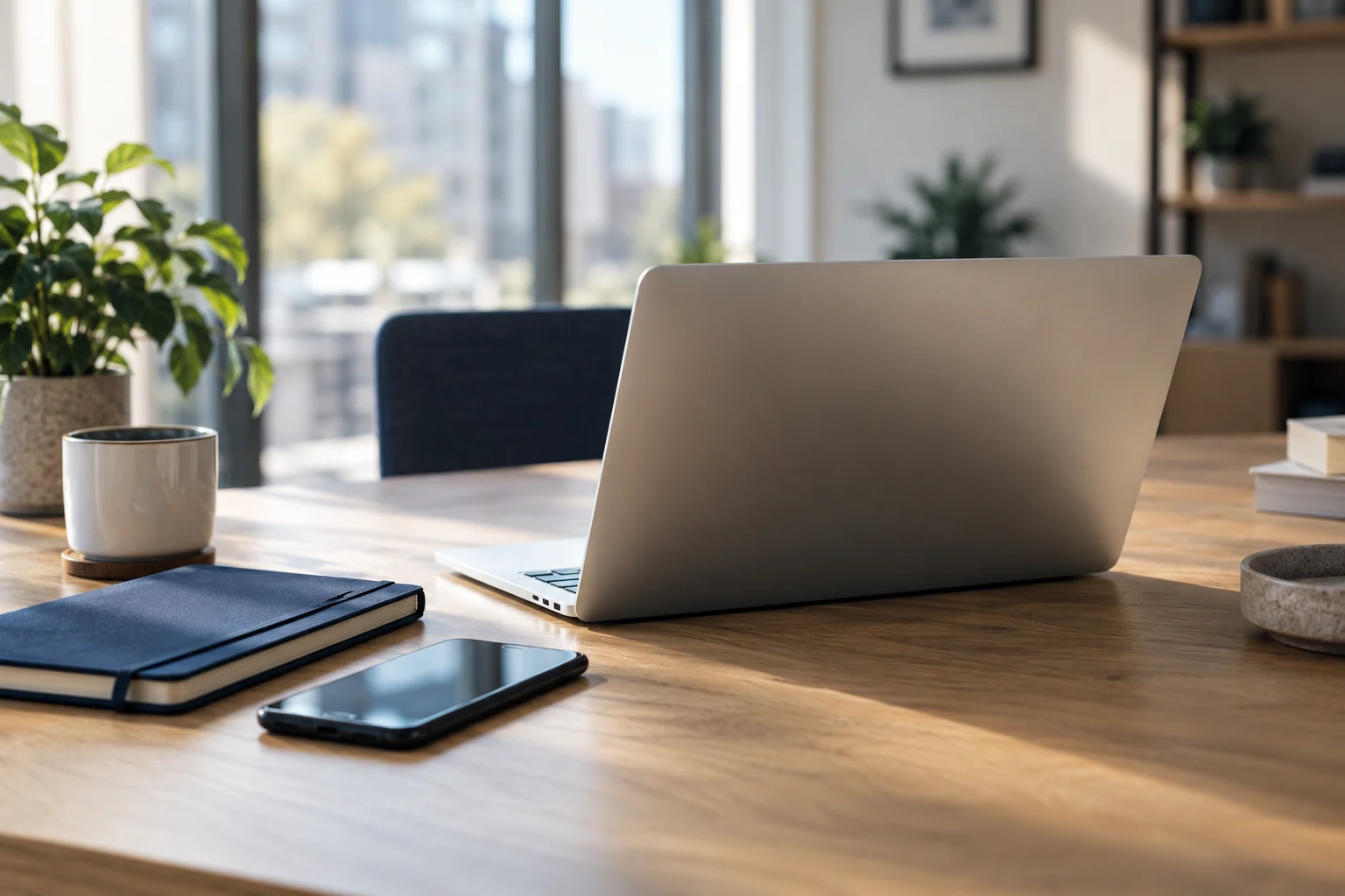 An open laptop, navy notebook and smartphone on a wooden desk prepared for website work.
