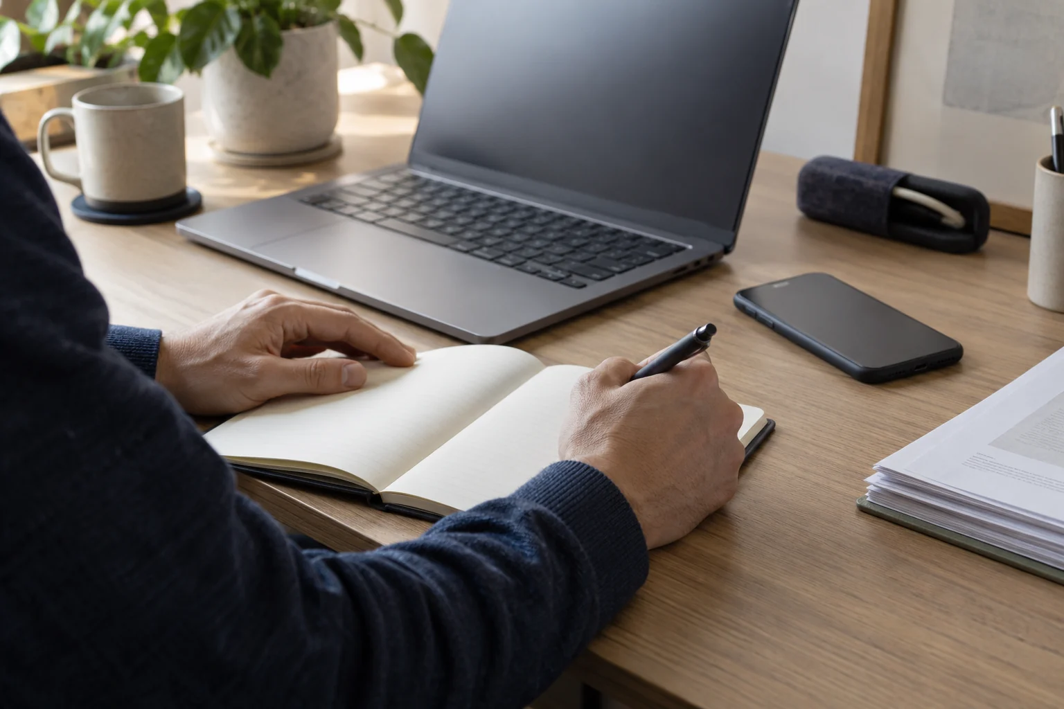 Hands check a notebook beside a laptop and smartphone during a website handoff review.