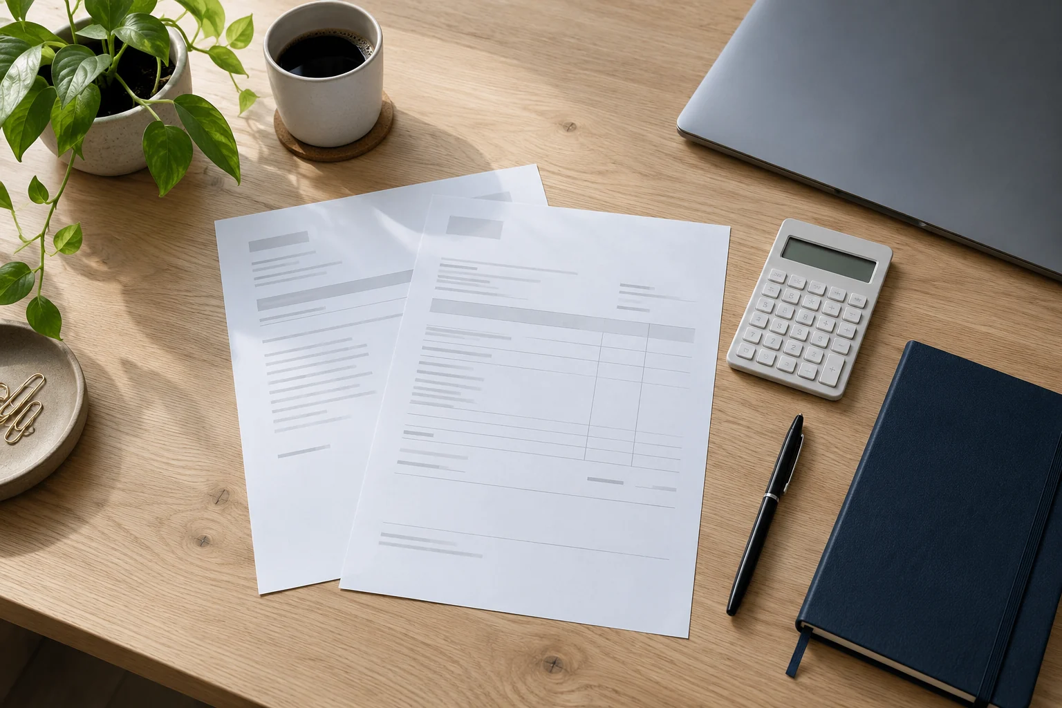 An overhead view of papers, a notebook and calculator arranged for comparing website offers.