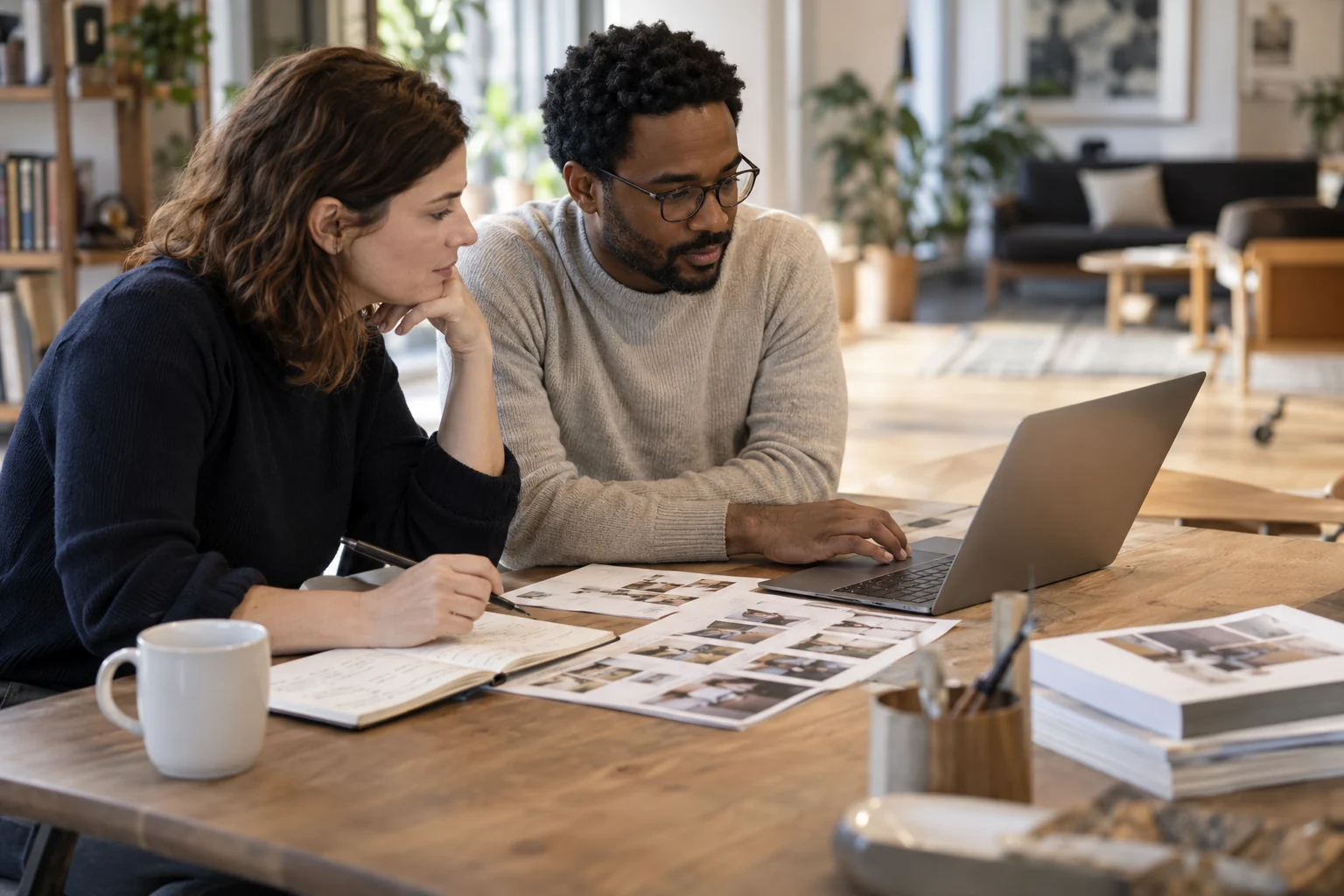 Two colleagues review a laptop and a paper inventory together at a work table.