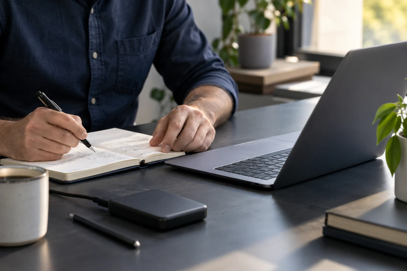 Hands review a notebook beside a laptop and a portable backup drive.