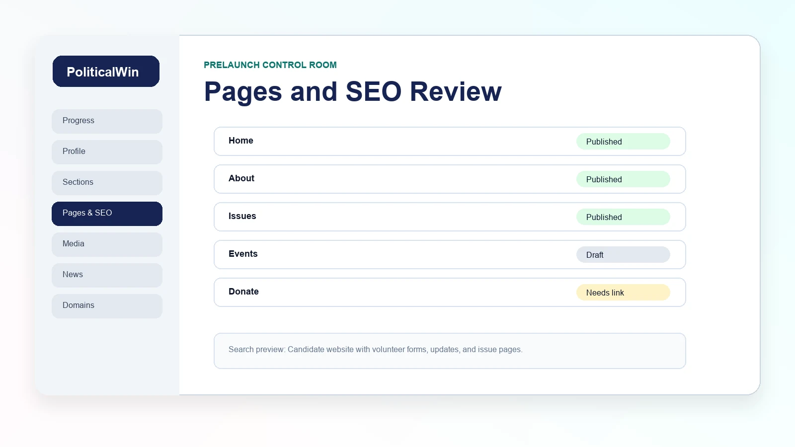 How to Review Pages and SEO Before a Campaign Website Goes Public tutorial screenshot
